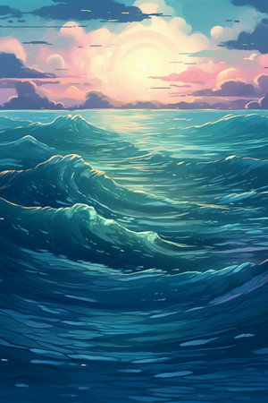 Beautiful seascape with waves and sunset. Vector illustration.の素材