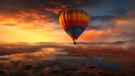 Hot air balloon flying over beautiful landscape. 3D Rendering.の素材