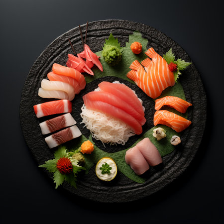 Sushi set on a black background. Japanese food. Top view.の素材
