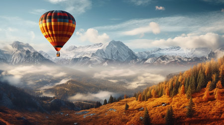 Colorful hot air balloon flying over the mountains. 3d renderingの素材
