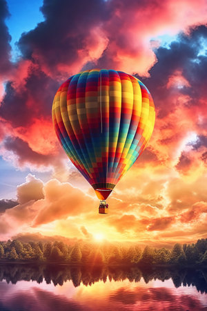 Hot air balloon over the lake at sunset. 3D Renderingの素材