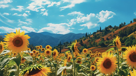 Sunflower field in Tuscany, Italy. Filtered image processed vintage effect.の素材