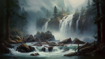 Beautiful waterfall in the forest. 3d rendering. Computer digital drawing.の素材