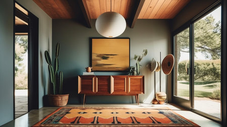 Interior of modern living room with wooden commode, panoramic window and green plantsの素材