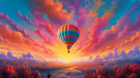 Colorful hot air balloon flying over the forest. 3D Renderingの素材