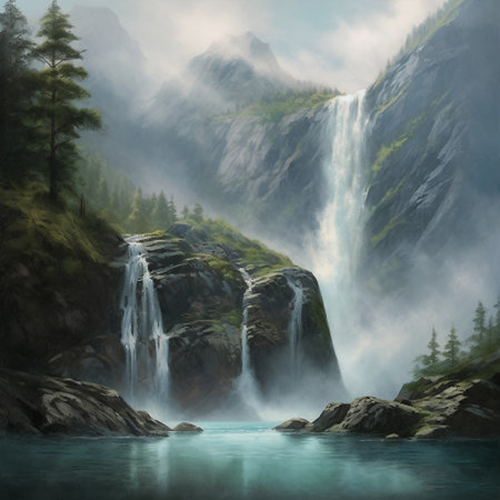 Waterfall in the mountains of Norway. Digital painting on canvas.の素材