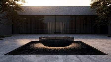 3d rendering of a modern house with a fountain in the gardenの素材