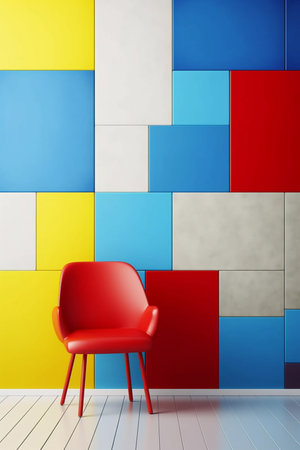 3d render of a red chair in a room with colorful wallの素材