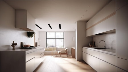 3d rendering white modern kitchen in a house with a beautiful designの素材