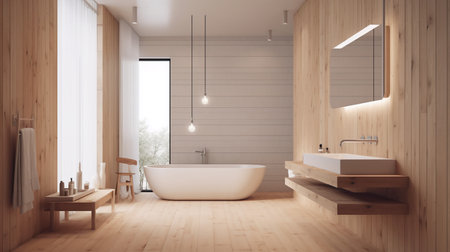 Interior of modern bathroom with wooden walls, wooden floor, comfortable white bathtub and wooden bathtub. 3d renderingの素材