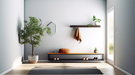 Interior of modern living room with gray walls, wooden floor, comfortable sofa standing near window and plant. 3d renderingの素材