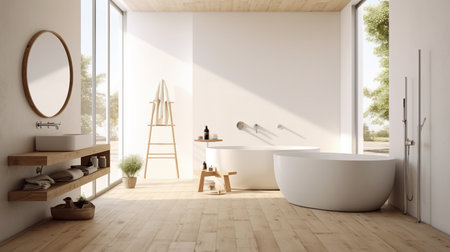 Interior of modern bathroom with white walls, wooden floor, white bathtub and round mirror. 3d renderingの素材