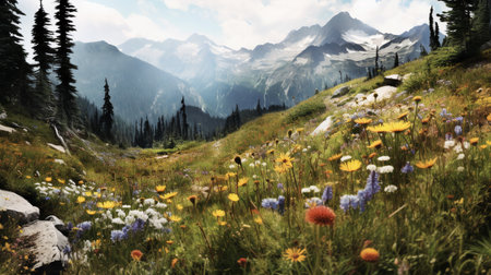Mountain panorama with meadow and wildflowers in foregroundの素材
