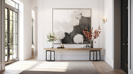 modern bathroom with white walls, wooden floor, white bathtub and round mirror. 3d renderingの素材