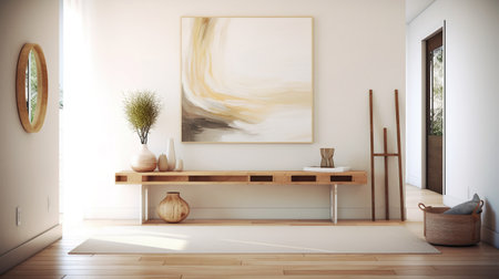 Interior of living room with white walls, wooden floor, white cupboard with horizontal poster hanging above it. 3d renderingの素材