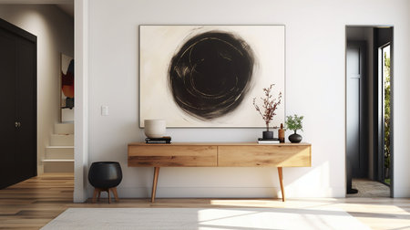 Interior of modern living room with white walls, tiled floor, wooden cupboard with art painting and black chair. 3d renderingの素材