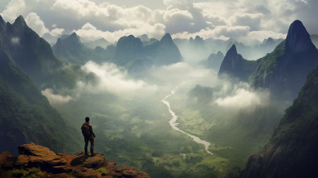 Man standing on top of a mountain and looking at the river.の素材
