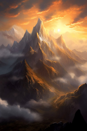 Fantasy landscape with mountains in the clouds. 3D illustration.の素材