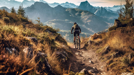 Mountain biker on a trail in the Dolomites, Italyの素材