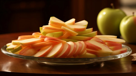 Apple slices on a glass plate with green apples in the background.の素材