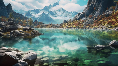 Fantasy landscape with mountains and lake. 3d rendering digital illustrationの素材