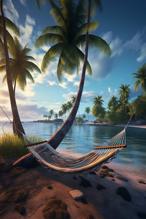 Hammock on a tropical beach at sunset. 3d renderの素材