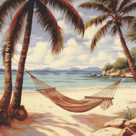 Hammock on the beach with palm trees. Vintage painting.の素材