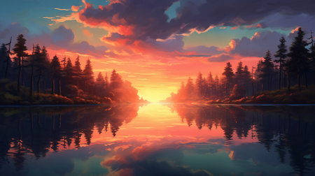 Beautiful sunset over the lake. 3d rendering. Computer digital drawing.の素材
