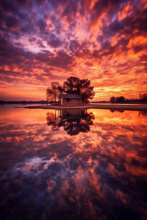 Beautiful sunset over the lake with reflection of trees in the waterの素材