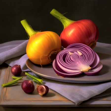 Still life with red onion and yellow onion on a wooden table.の素材
