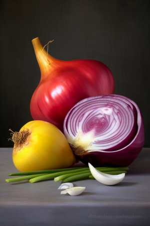 Still life with fresh onions and garlic on a wooden table, black backgroundの素材