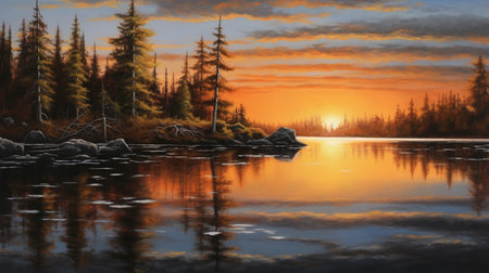 Sunset over the lake in the forest. 3d rendering.の素材