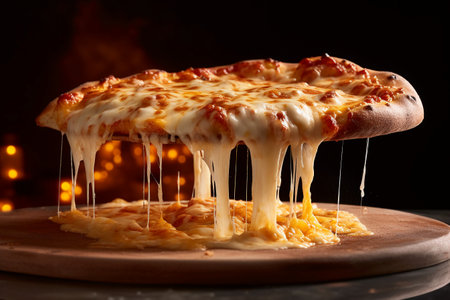 Pizza with melted cheese on wooden board on black background, closeupの素材