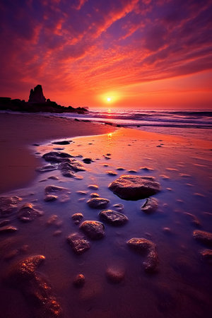 beautiful sunset on the beach with rocks and pebbles in foregroundの素材