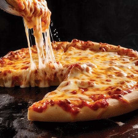 Pizza with cheese and tomato sauce on a black background. Restaurantの素材