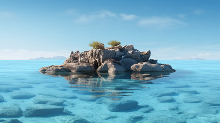 3D CG rendering of Rock in the sea with clear blue skyの素材