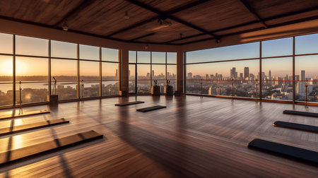 Empty yoga room with a panoramic view of the city.の素材