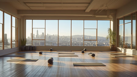 3D rendering of a modern yoga room with a panoramic city viewの素材