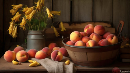 Still life with fresh peaches in a wooden bowl and yellow flowersの素材