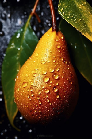 Ripe pear with water drops on a dark background. Close-up.の素材