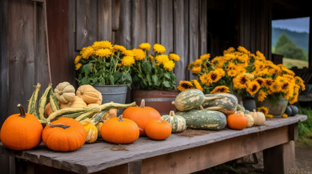 Pumpkin and squash on a table in front of a barnの素材