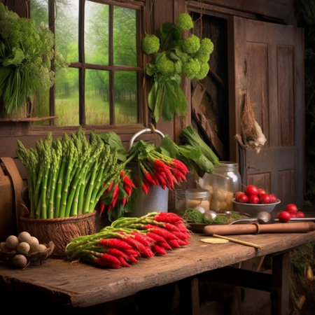 Still life of fresh vegetables in a rustic kitchen on a wooden tableの素材