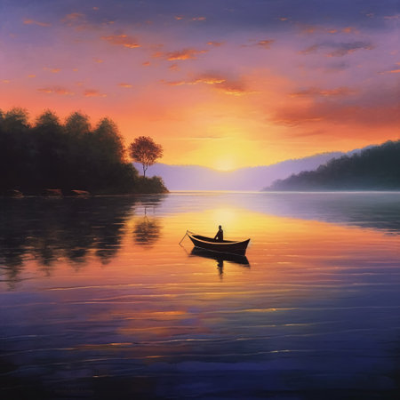 Fishing boat on the lake at sunrise. Artistic painting.の素材