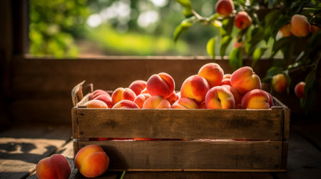 Ripe peaches in a wooden box on the background of the gardenの素材