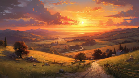 Beautiful sunset in the mountains. Panoramic view of the village.の素材