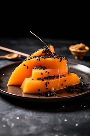Sliced cantaloupe melon with black sesame seedsの素材