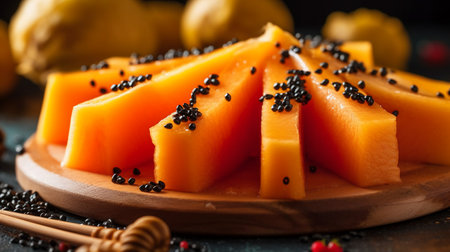 Slices of cantaloupe melon with black sesame seedsの素材