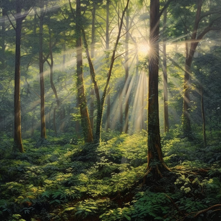 Morning in the forest with sunbeams and lens flare effect.の素材