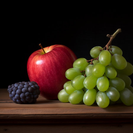 Grapes and apples on a wooden table. Black background.の素材