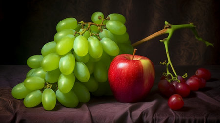 Still life with grapes, apple and red apple on a dark backgroundの素材